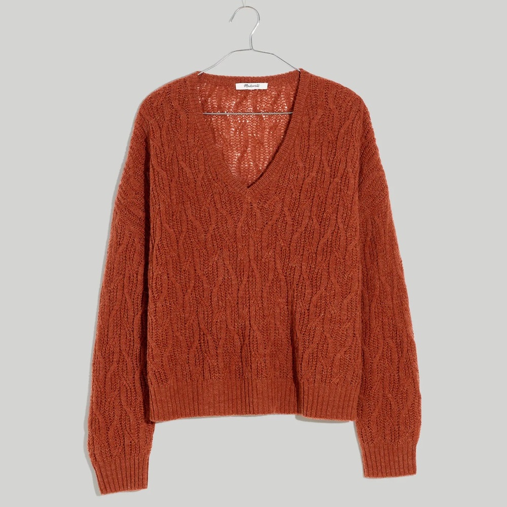 Madewell Alna V-Neck Pointelle Cable Knit Sweater | Ground Clove | Size Small